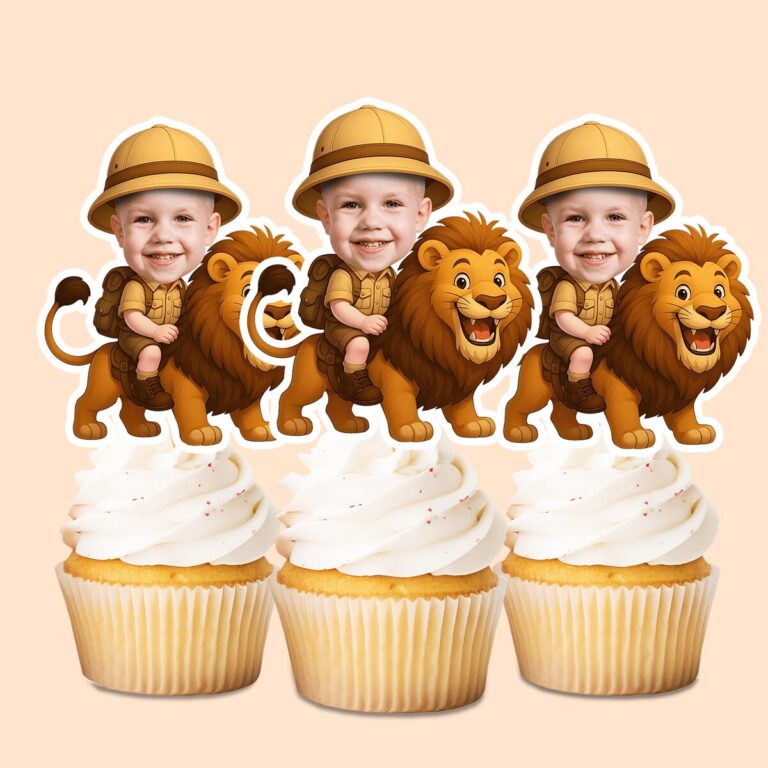 Custom Lion Safari Rider Seated on the Lion Face Cutout – Cupcake Topper Custom Lion Safari Rider Seated on the Lion Face Cutout shown on a cupcake topper mockup