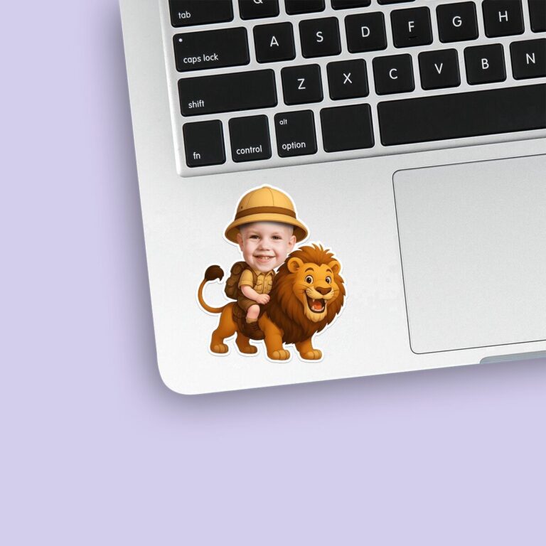 Custom Lion Safari Rider Seated on the Lion Face Cutout – Sticker Custom Lion Safari Rider Seated on the Lion Face Cutout shown on a sticker mockup