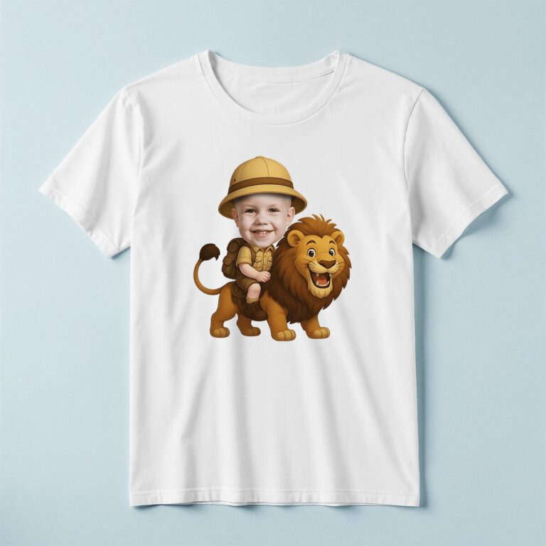 Custom Lion Safari Rider Seated on the Lion Face Cutout – T-shirt Custom Lion Safari Rider Seated on the Lion Face Cutout shown on a T-shirt mockup