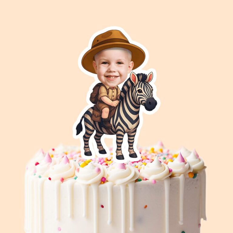 Custom Zebra Safari Rider Brown Safari Hat Face Cutout – Cake Topper Custom Zebra Safari Rider Brown Safari Hat Face Cutout shown on a cake topper mockup