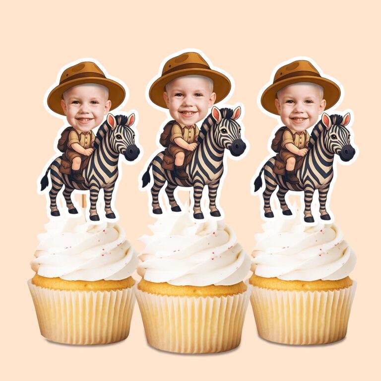 Custom Zebra Safari Rider Brown Safari Hat Face Cutout – Cupcake Topper Custom Zebra Safari Rider Brown Safari Hat Face Cutout shown on a cupcake topper mockup