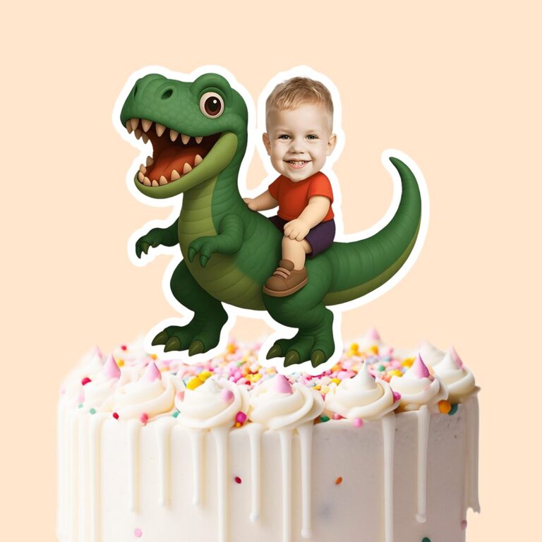 Custom Dinosaur Rider on a Green Tyrannosaur Face Cutout – Cake Topper Custom Dinosaur Rider on a Green Tyrannosaur Face Cutout shown on a cake topper mockup