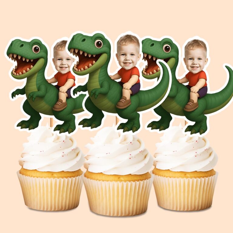 Custom Dinosaur Rider on a Green Tyrannosaur Face Cutout – Cupcake Topper Custom Dinosaur Rider on a Green Tyrannosaur Face Cutout shown on a cupcake topper mockup
