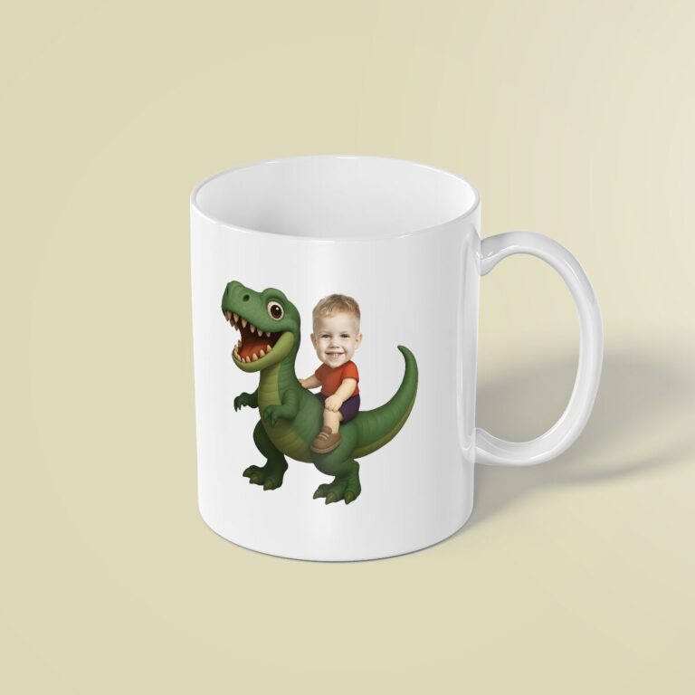 Custom Dinosaur Rider on a Green Tyrannosaur Face Cutout – Mug Custom Dinosaur Rider on a Green Tyrannosaur Face Cutout shown on a mug mockup