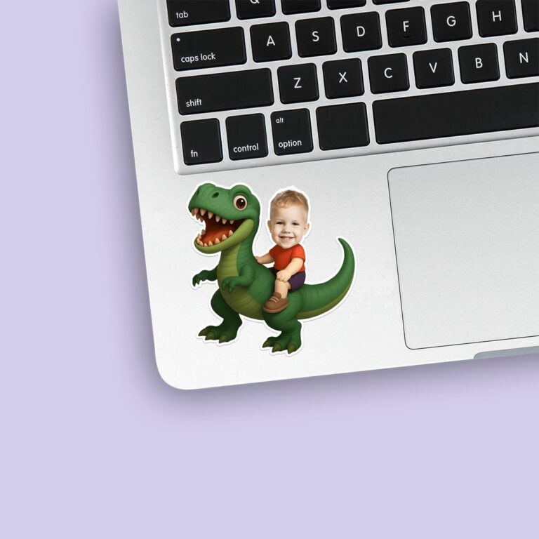 Custom Dinosaur Rider on a Green Tyrannosaur Face Cutout – Sticker Custom Dinosaur Rider on a Green Tyrannosaur Face Cutout shown on a sticker mockup