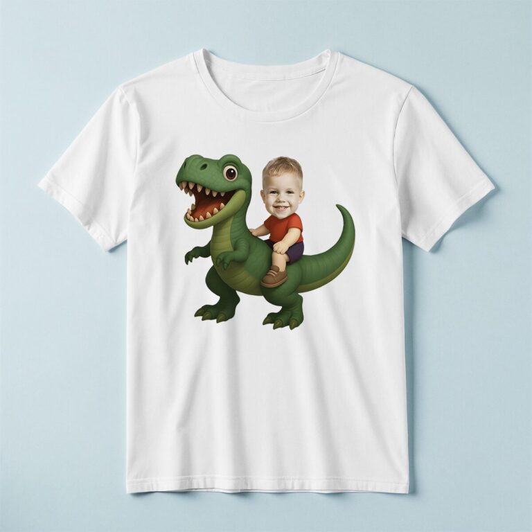 Custom Dinosaur Rider on a Green Tyrannosaur Face Cutout – T-shirt Custom Dinosaur Rider on a Green Tyrannosaur Face Cutout shown on a T-shirt mockup