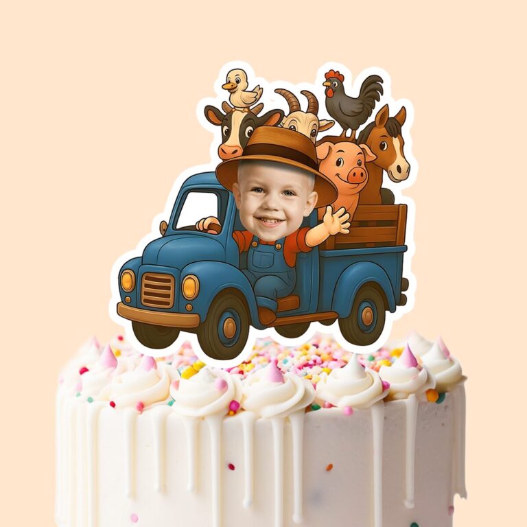 Custom Farm Truck Driver with Barnyard Animals Face Cutout – Cake Topper Custom Farm Truck Driver with Barnyard Animals Face Cutout shown on a cake topper mockup