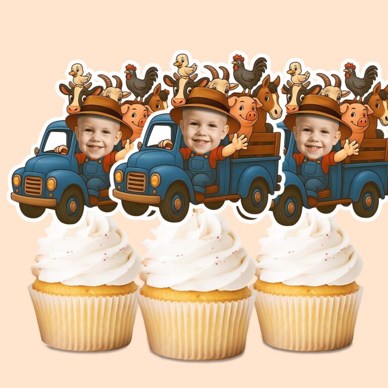Custom Farm Truck Driver with Barnyard Animals Face Cutout – Cupcake Topper Custom Farm Truck Driver with Barnyard Animals Face Cutout shown on a cupcake topper mockup