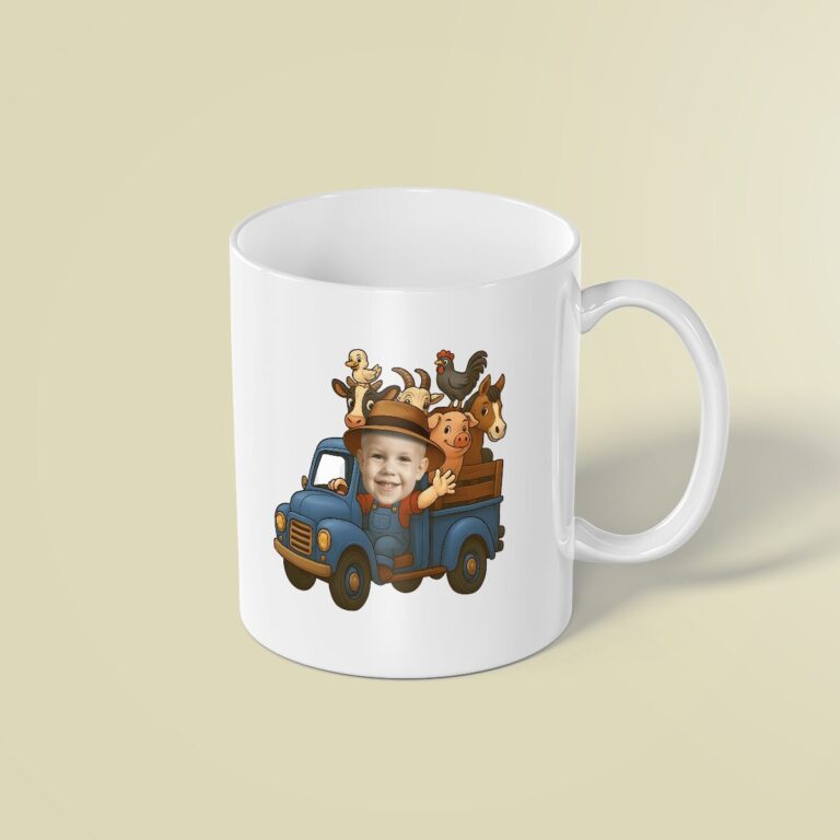 Custom Farm Truck Driver with Barnyard Animals Face Cutout – Mug Custom Farm Truck Driver with Barnyard Animals Face Cutout shown on a mug mockup