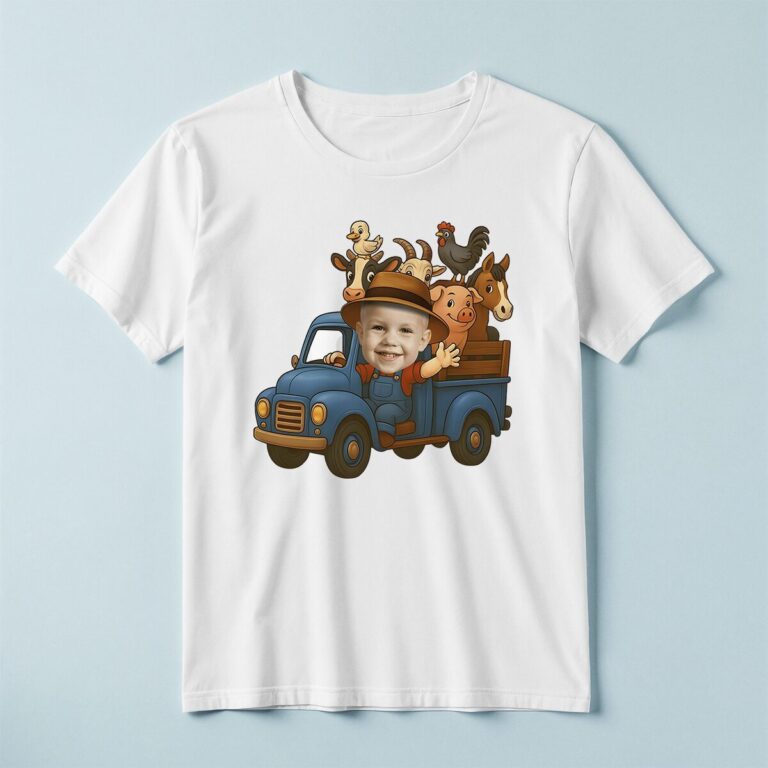 Custom Farm Truck Driver with Barnyard Animals Face Cutout – T-shirt Custom Farm Truck Driver with Barnyard Animals Face Cutout shown on a T-shirt mockup