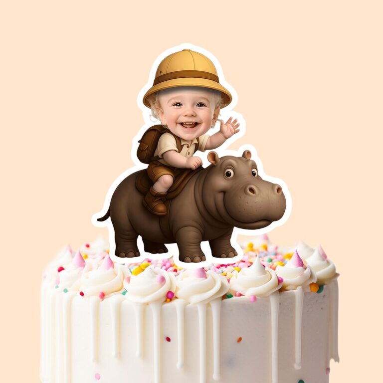 Custom Hippopotamus Safari Explorer Tan Outfit Face Cutout – Cake Topper Custom Hippopotamus Safari Explorer Tan Outfit Face Cutout shown on a cake topper mockup