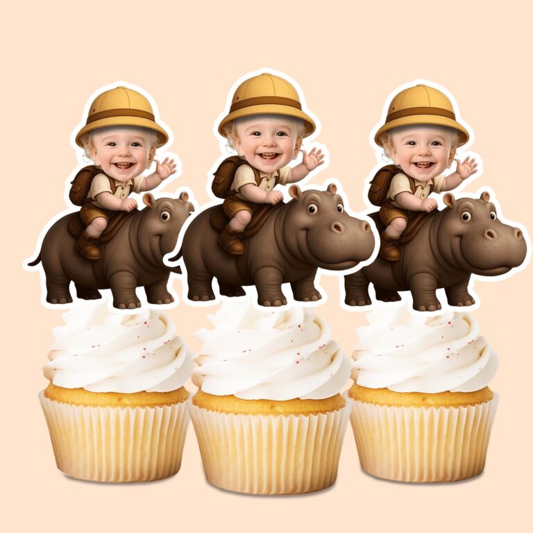 Custom Hippopotamus Safari Explorer Tan Outfit Face Cutout – Cupcake Topper Custom Hippopotamus Safari Explorer Tan Outfit Face Cutout shown on a cupcake topper mockup