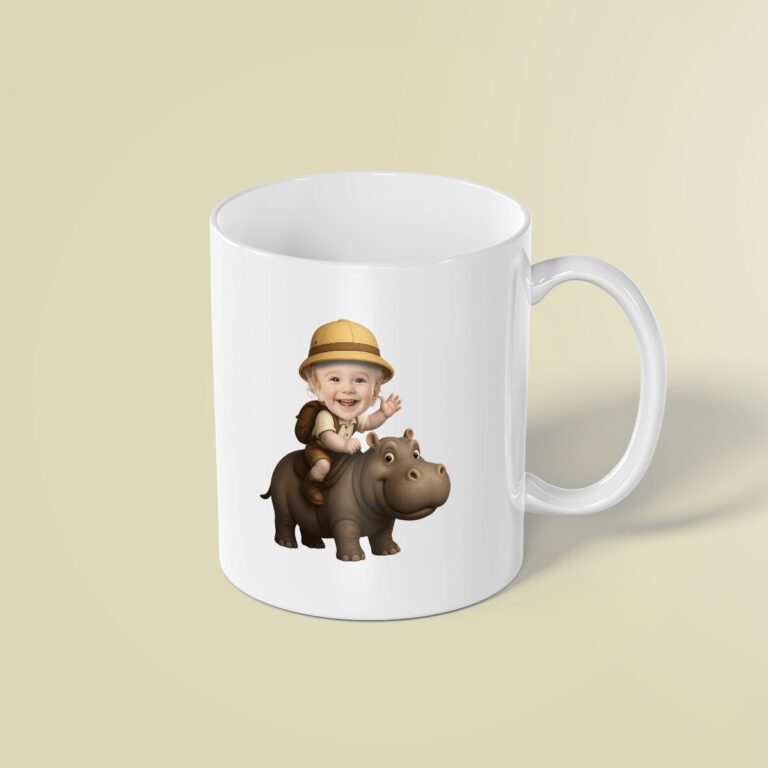 Custom Hippopotamus Safari Explorer Tan Outfit Face Cutout – Mug Custom Hippopotamus Safari Explorer Tan Outfit Face Cutout shown on a mug mockup