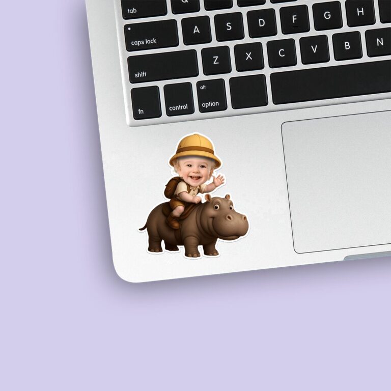 Custom Hippopotamus Safari Explorer Tan Outfit Face Cutout – Sticker Custom Hippopotamus Safari Explorer Tan Outfit Face Cutout shown on a sticker mockup