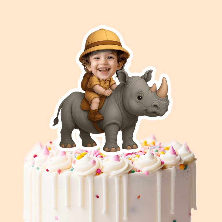 Custom Rhinoceros Safari Explorer Face Cutout – Cake Topper Custom Rhinoceros Safari Explorer Face Cutout shown on a cake topper mockup