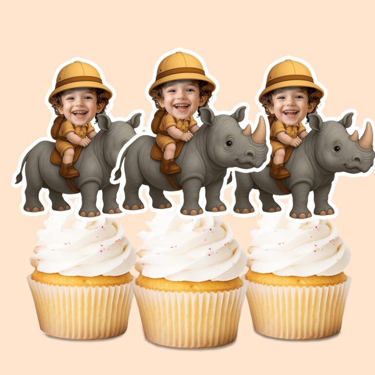 Custom Rhinoceros Safari Explorer Face Cutout – Cupcake Topper Custom Rhinoceros Safari Explorer Face Cutout shown on a cupcake topper mockup