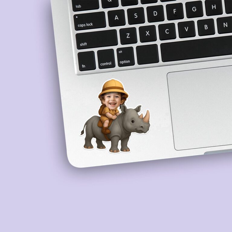 Custom Rhinoceros Safari Explorer Face Cutout – Sticker Custom Rhinoceros Safari Explorer Face Cutout shown on a sticker mockup