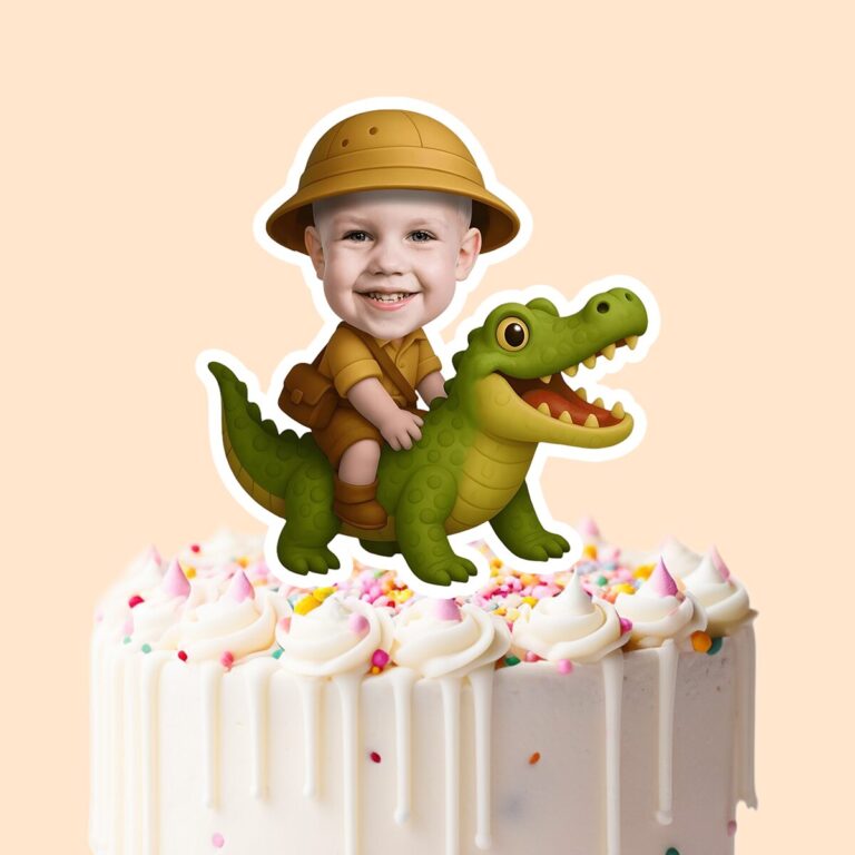 Custom Crocodile Safari Mustard Safari Outfit Face Cutout – Cake Topper Custom Crocodile Safari Mustard Safari Outfit Face Cutout shown on a cake topper mockup