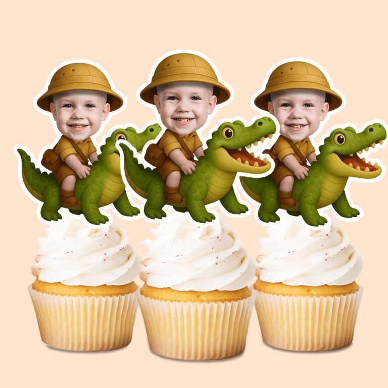 Custom Crocodile Safari Mustard Safari Outfit Face Cutout – Cupcake Topper Custom Crocodile Safari Mustard Safari Outfit Face Cutout shown on a cupcake topper mockup