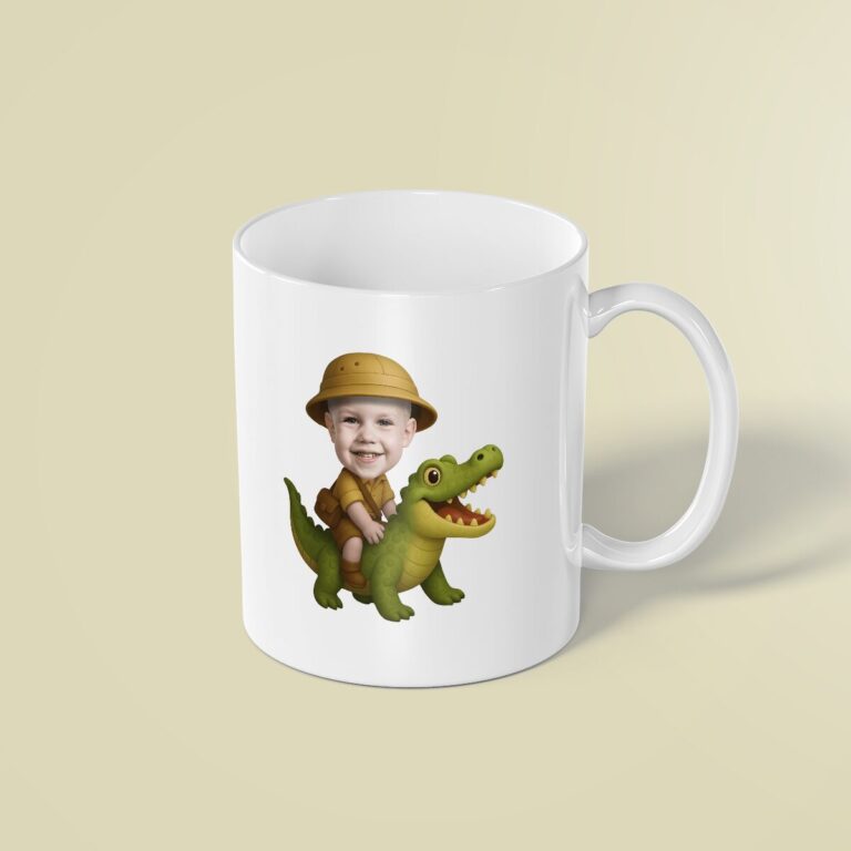 Custom Crocodile Safari Mustard Safari Outfit Face Cutout – Mug Custom Crocodile Safari Mustard Safari Outfit Face Cutout shown on a mug mockup