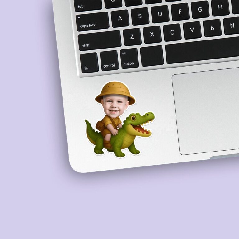 Custom Crocodile Safari Mustard Safari Outfit Face Cutout – Sticker Custom Crocodile Safari Mustard Safari Outfit Face Cutout shown on a sticker mockup