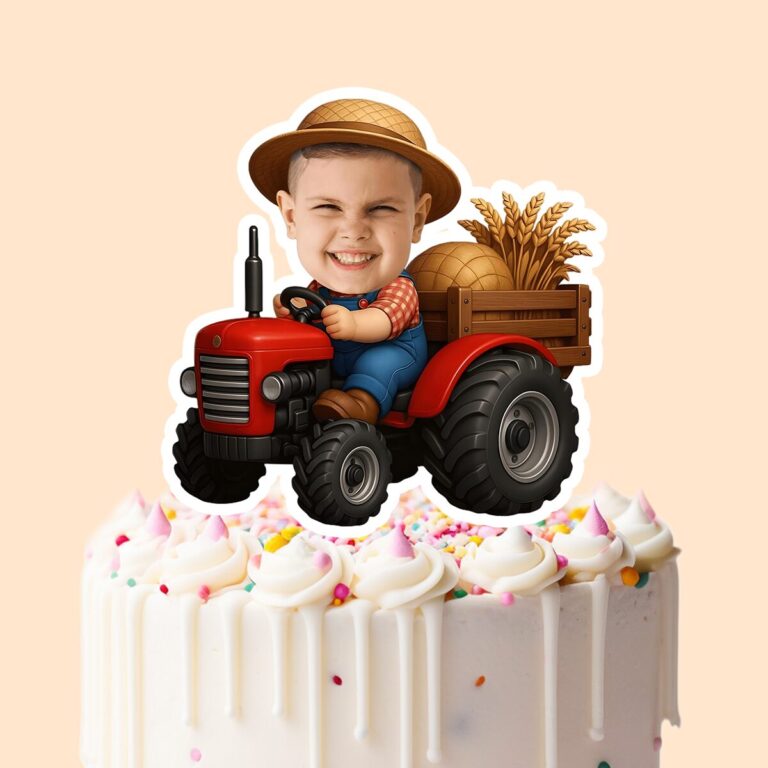 Custom Farm Child Driving a Red Tractor Face Cutout – Cake Topper Custom Farm Child Driving a Red Tractor Face Cutout shown on a cake topper mockup