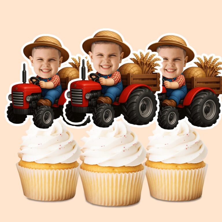 Custom Farm Child Driving a Red Tractor Face Cutout – Cupcake Topper Custom Farm Child Driving a Red Tractor Face Cutout shown on a cupcake topper mockup