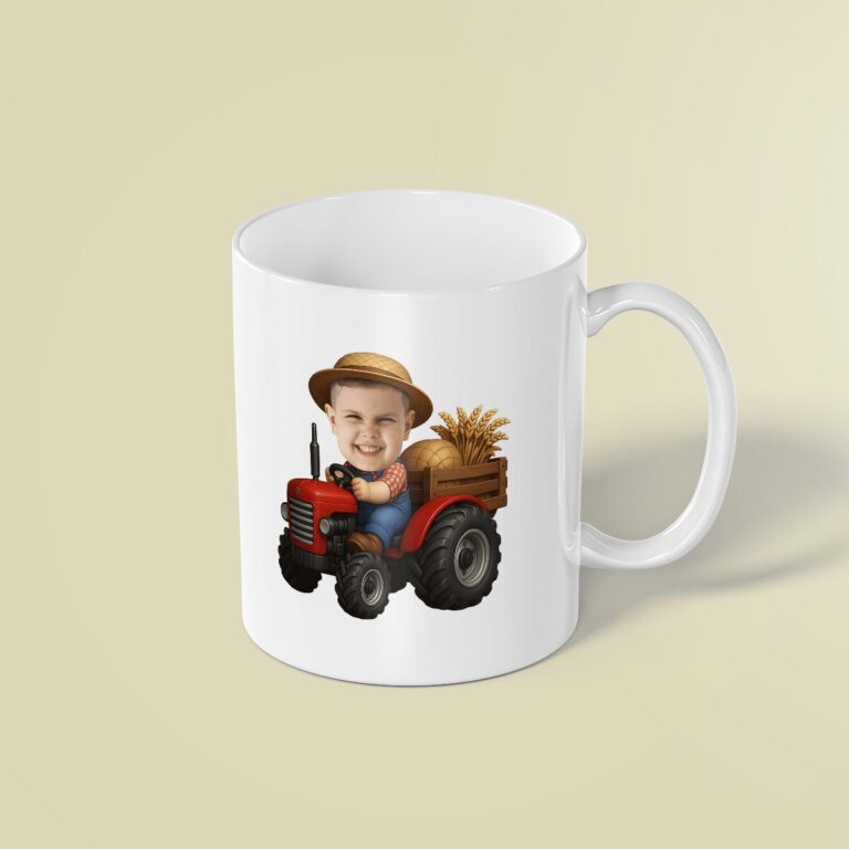 Custom Farm Child Driving a Red Tractor Face Cutout – Mug Custom Farm Child Driving a Red Tractor Face Cutout shown on a mug mockup