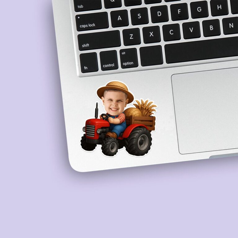 Custom Farm Child Driving a Red Tractor Face Cutout – Sticker Custom Farm Child Driving a Red Tractor Face Cutout shown on a sticker mockup