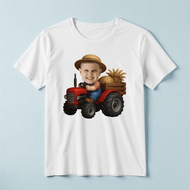 Custom Farm Child Driving a Red Tractor Face Cutout – T-shirt Custom Farm Child Driving a Red Tractor Face Cutout shown on a T-shirt mockup