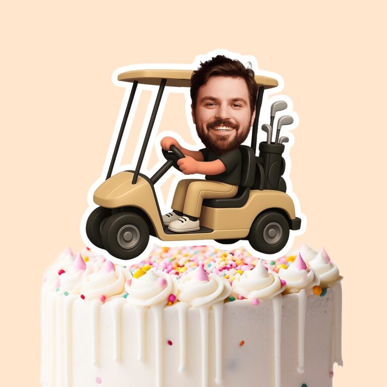 Custom Golfer in Golf Cart Black Polo Face Cutout – Cake Topper Custom Golfer in Golf Cart Black Polo Face Cutout shown on a cake topper mockup