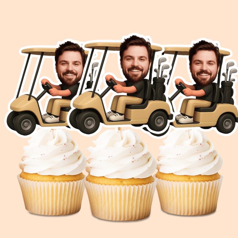 Custom Golfer in Golf Cart Black Polo Face Cutout – Cupcake Topper Custom Golfer in Golf Cart Black Polo Face Cutout shown on a cupcake topper mockup