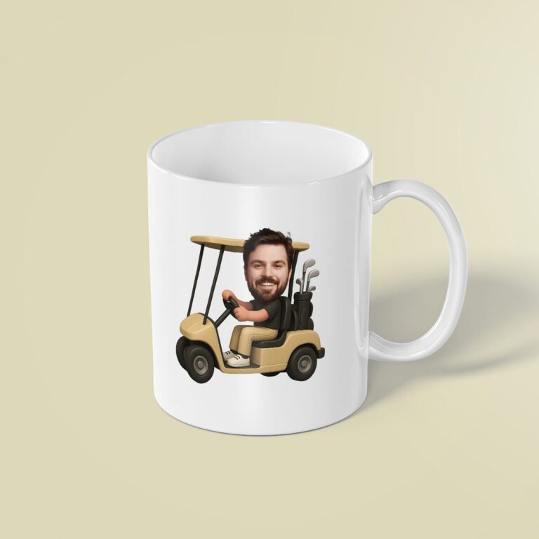 Custom Golfer in Golf Cart Black Polo Face Cutout – Mug Custom Golfer in Golf Cart Black Polo Face Cutout shown on a mug mockup