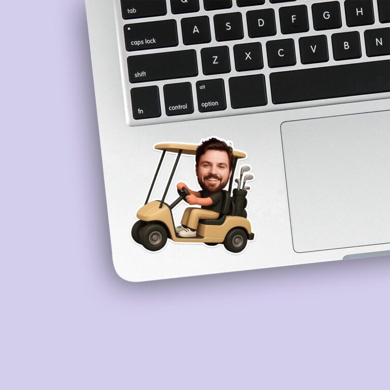 Custom Golfer in Golf Cart Black Polo Face Cutout – Sticker Custom Golfer in Golf Cart Black Polo Face Cutout shown on a sticker mockup