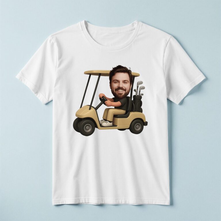 Custom Golfer in Golf Cart Black Polo Face Cutout – T-shirt Custom Golfer in Golf Cart Black Polo Face Cutout shown on a T-shirt mockup