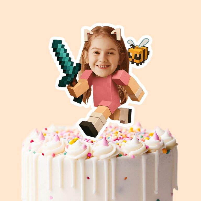 Custom Pixel-Style Adventurer Face Cutout – Cake Topper Custom Pixel-Style Adventurer Face Cutout shown on a cake topper mockup