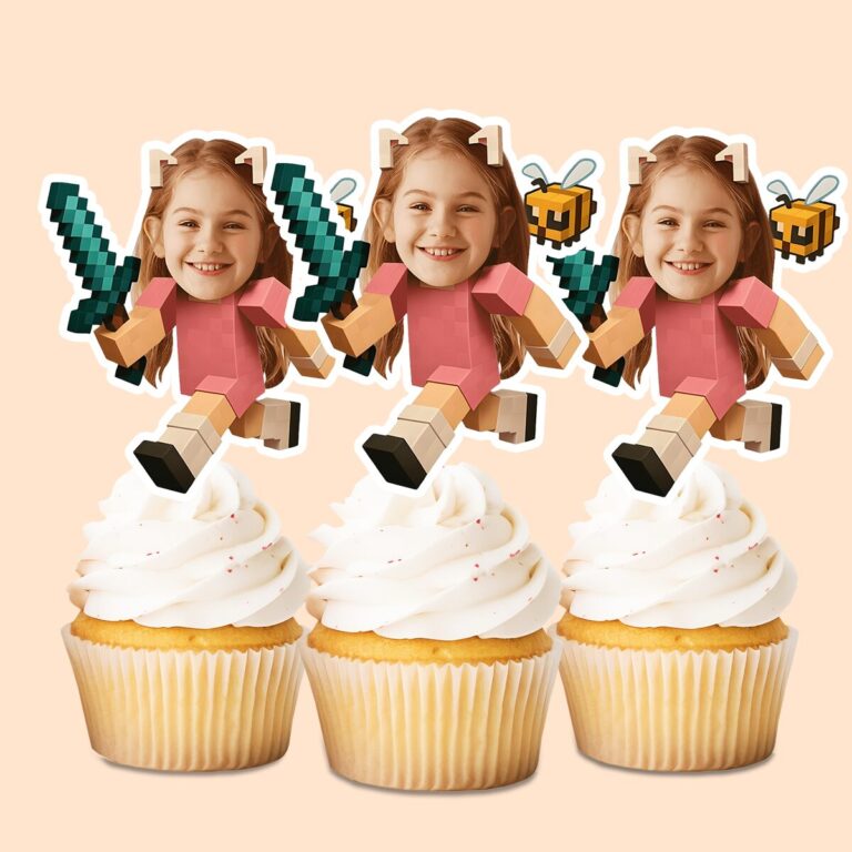 Custom Pixel-Style Adventurer Face Cutout – Cupcake Topper Custom Pixel-Style Adventurer Face Cutout shown on a cupcake topper mockup