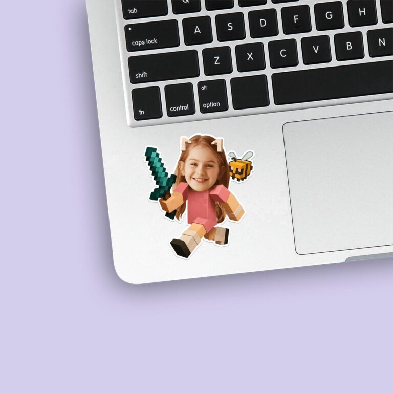 Custom Pixel-Style Adventurer Face Cutout – Sticker Custom Pixel-Style Adventurer Face Cutout shown on a sticker mockup