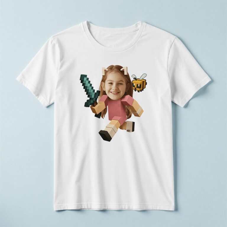 Custom Pixel-Style Adventurer Face Cutout – T-shirt Custom Pixel-Style Adventurer Face Cutout shown on a T-shirt mockup