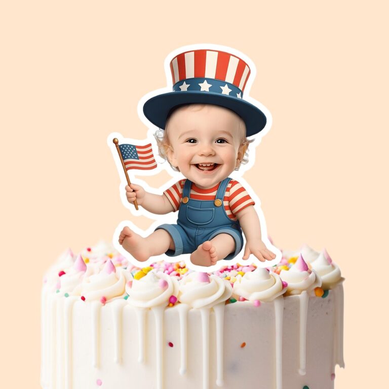 Custom Patriotic Uncle Sam-Style Seated Face Cutout – Cake Topper Custom Patriotic Uncle Sam-Style Seated Face Cutout shown on a cake topper mockup