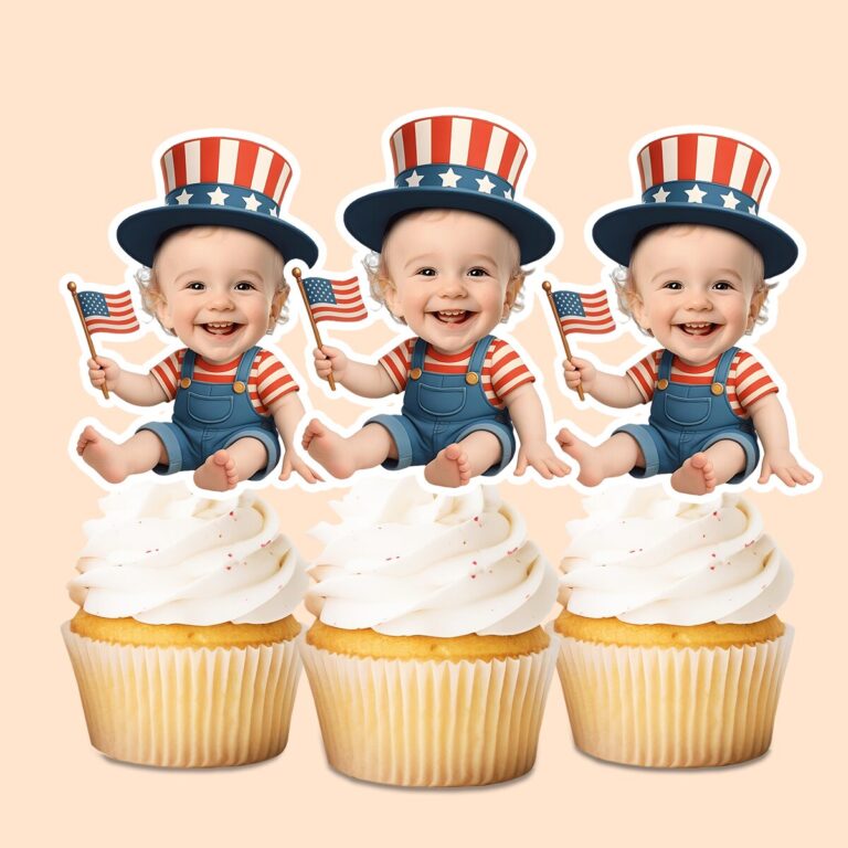 Custom Patriotic Uncle Sam-Style Seated Face Cutout – Cupcake Topper Custom Patriotic Uncle Sam-Style Seated Face Cutout shown on a cupcake topper mockup