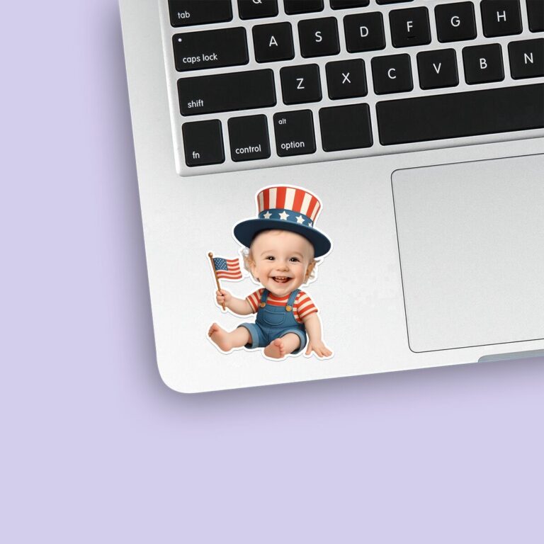 Custom Patriotic Uncle Sam-Style Seated Face Cutout – Sticker Custom Patriotic Uncle Sam-Style Seated Face Cutout shown on a sticker mockup