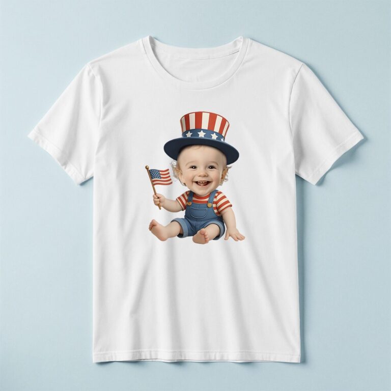 Custom Patriotic Uncle Sam-Style Seated Face Cutout – T-shirt Custom Patriotic Uncle Sam-Style Seated Face Cutout shown on a T-shirt mockup