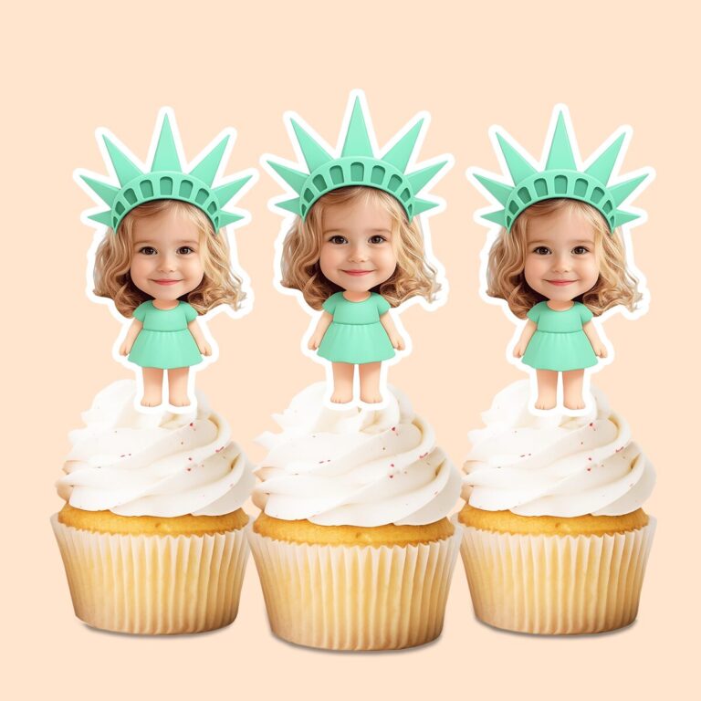 Custom Statue of Liberty-Style Character Face Cutout – Cupcake Topper Custom Statue of Liberty-Style Character Face Cutout shown on a cupcake topper mockup