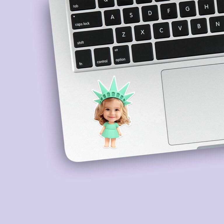 Custom Statue of Liberty-Style Character Face Cutout – Sticker Custom Statue of Liberty-Style Character Face Cutout shown on a sticker mockup