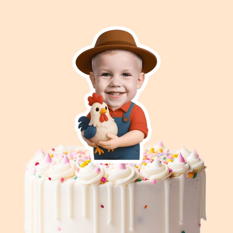 Custom Farmer Holding a Chicken Face Cutout – Cake Topper Custom Farmer Holding a Chicken Face Cutout shown on a cake topper mockup