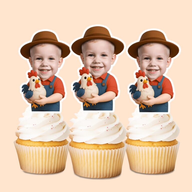 Custom Farmer Holding a Chicken Face Cutout – Cupcake Topper Custom Farmer Holding a Chicken Face Cutout shown on a cupcake topper mockup