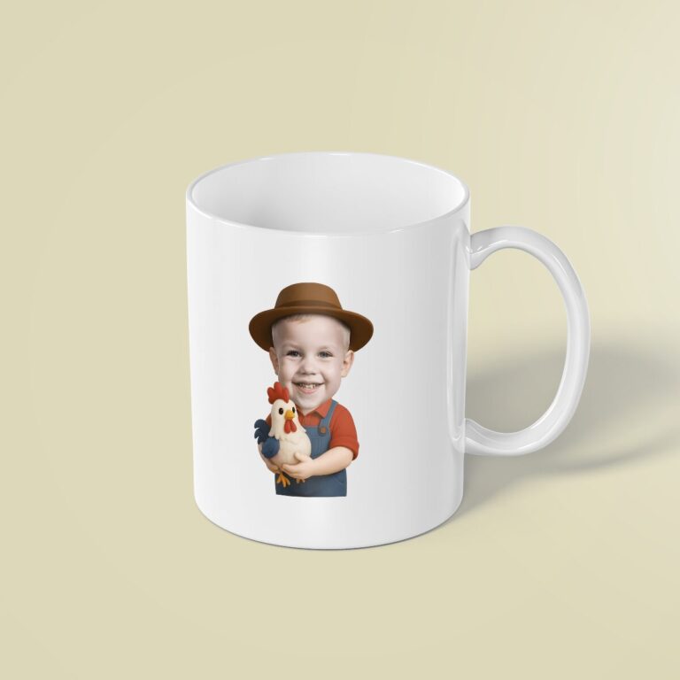 Custom Farmer Holding a Chicken Face Cutout – Mug Custom Farmer Holding a Chicken Face Cutout shown on a mug mockup