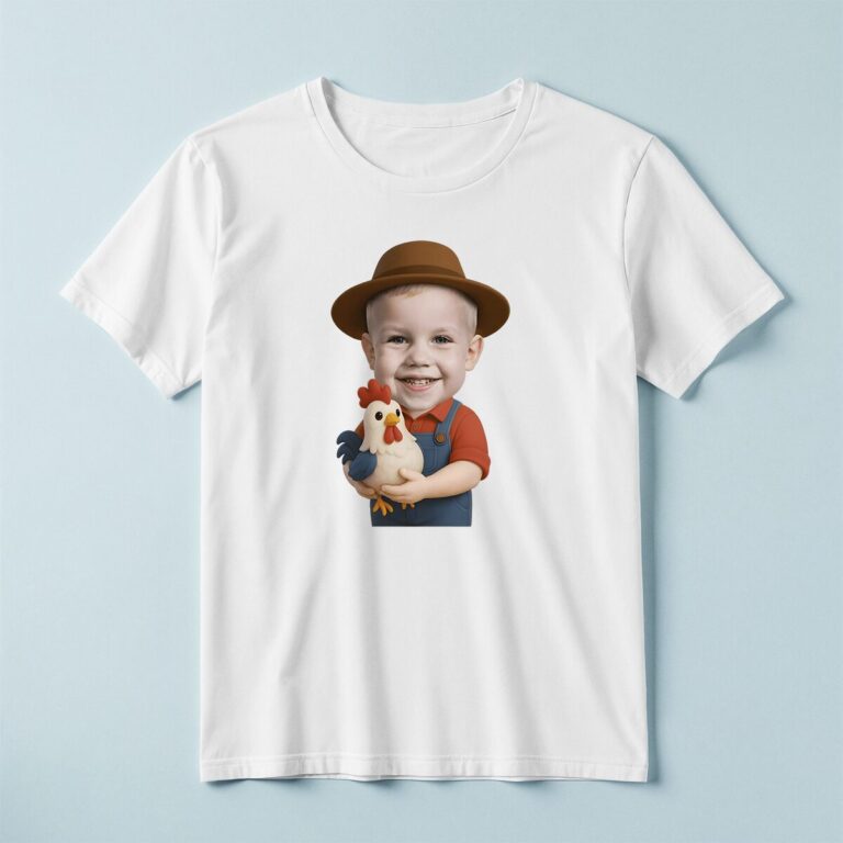 Custom Farmer Holding a Chicken Face Cutout – T-shirt Custom Farmer Holding a Chicken Face Cutout shown on a T-shirt mockup