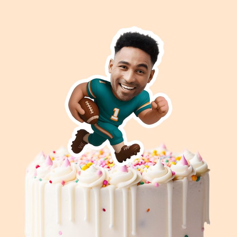 Custom Teal-Uniform Football Ball Carrier Face Cutout – Cake Topper Custom Teal-Uniform Football Ball Carrier Face Cutout shown on a cake topper mockup